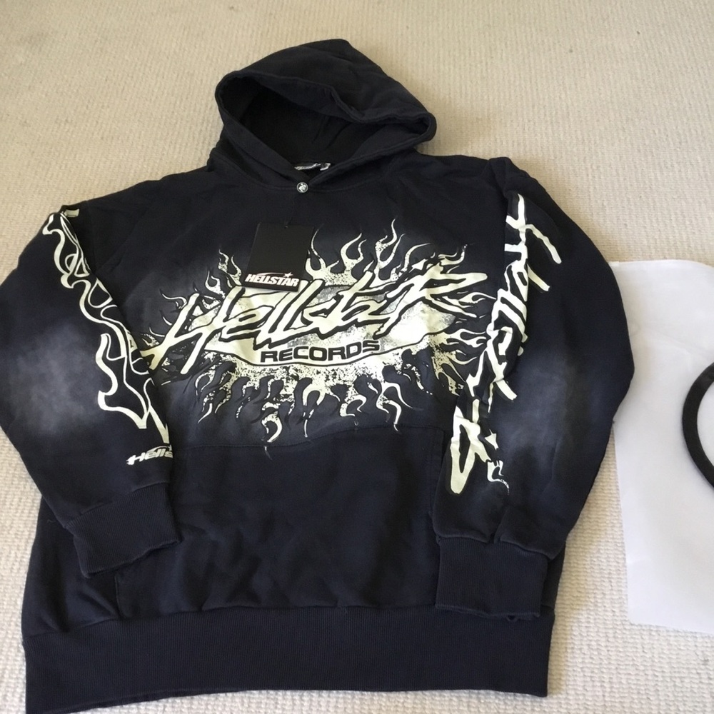 Helstar Records Black Crewneck Sweater with Cream Flame Graphic